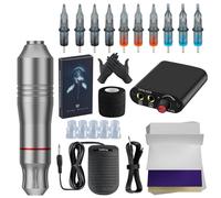 Rotary Tattoo Machine Kit with Mini Power Supply, Tattoo Pen Set with Cartridge Needles, Color Inks and Foot Pedal for Beginners and Shading Practice,Silver,B