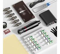 Rotary Tattoo Pen Kit for Lining Shading and Coloring Tattoo Machine Set with Power Supply Foot Pedal 10 Cartridges 10 Color Bottles for Professional Tattoo Artists Beginner,Black
