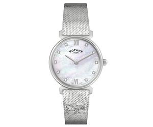 Rotary Women's 1985 Stone Set Mother Of Pearl Dial Stainless Steel Mesh Bracelet Watch