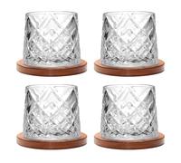 Rotatable Old Fashioned Crystal Whiskey Glass Set of 4, 275ml/10oz With Wood Coaster - Thickened for Rum, Cocktails, Coffee, Milk - Relax and Reduce Stress
