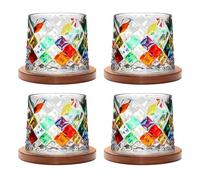 Rotatable Old Fashioned Crystal Whiskey Glass Set of 4, 275ml/10oz With Wood Coaster - Thickened for Rum, Cocktails, Coffee, Milk - Relax and Reduce Stress