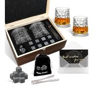 Rotatable Whiskey Glass Gifts Sets, Whisky Gifts for Men, Christmas Valentines Fathers Day Birthday Santa for Dad Him Grandad Uncle Teacher Boyfriend, 2 Glasses and 8 Stones, Handmade Wooden Box