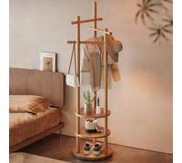 Rotatable Wood Coat Rack with 3-Tier Storage and 6 Hooks, Freestanding Garment Organizer for Bedroom, Entryway, and Closet
