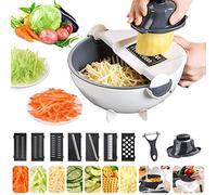 Rotate Vegetable Cutter, 9 in 1 Multifunction Vegetable Slicer with Drain Basket Large Capacity Vegetables Chopper Portable Veggie Shredder Grater