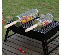 Rotating BBQ Grill Basket 304 Stainless Steel with Wooden Handle, Flip-Top Rolling Vegetable Basket for Gas & Charcoal Grills, Reusable Mesh Cylinder for Fish, Meat, Shrimp, Mushrooms, Dishwasher Safe