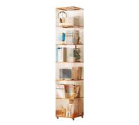 Rotating Bookshelf - 6-Tier Acrylic Corner Bookcase with Wheels, 360° Display Rack for Small Spaces, Narrow Book Shelf Organizer for Study & Home (Wood Color, 13.7x13.7x73.6)