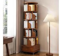 Rotating Bookshelf Tower - 5-Tier Wood and Metal Bookshelf on Wheels, Space-Saving Floor Standing Bookcase for Living Room, Bedroom, Study Room