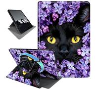 Rotating Case for 7" Kindle Paperwhite 12th Gen (2024) & Colorsoft Signature,Horizontal & Vertical Stand Cover with Auto Wake/Sleep,Black Cat Purple Flower