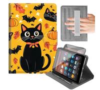 Rotating Case for Amazon Fire 7 (2022 Release-12th Gen) 7",Rotating Cover with Built-in Hand Strap,Horizontal & Vertical Stand,Auto Wake/Sleep,Cute Cat Pumpkin Bats Design