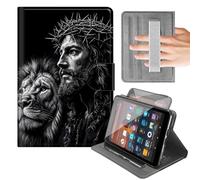 Rotating Case for Kindle Fire 7 Tablet (9th/7th/5th Gen,2019-2015 Release),Rotating Cover with Built-in Hand Strap,Horizontal & Vertical Stand,Auto Wake/Sleep,Jesus Lion Design