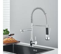 Rotating Double Outlet Kitchen Faucet - Modern Chrome Pull-Down Sink Tap for Bridge Installation - Elegant and Functional Water Tap for Culinary Use