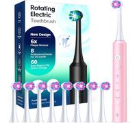 Rotating Electric Toothbrush for Adults, 8 Brush Heads & Wireless Charging, 60-Day Long-Lasting Battery, 4 Modes, IPX7 Waterproof, 2-Minute Smart Timer for Professional Clean, Pink