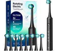 Rotating Electric Toothbrush for Adults with 8 Brush Heads, 4 Cleaning Modes, 60 Days Battery Life and 2 Minute Smart Timer - Professional Electric Toothbrush (1-Black)