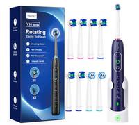 Rotating Electric Toothbrush with 8 Brush Heads for Adults and Kids, 3 Intensities 5 Modes, Wireless Wall Charging Station, Sonic Toothbrush with 2-Minute Smart Timer (Blue)
