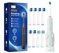 Rotating Electric Toothbrush with 8 Brush Heads for Adults and Kids, 3 Intensities 5 Modes, Wireless Wall Charging Station, Sonic Toothbrush with 2-Minute Smart Timer (Light Green)
