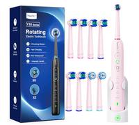 Rotating Electric Toothbrush with 8 Brush Heads for Adults and Kids, 3 Intensities 5 Modes, Wireless Wall Charging Station, Sonic Toothbrush with 2-Minute Smart Timer (Pink)