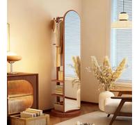 Rotating Full-Length Mirror with Solid Wood Coat Rack Freestanding Corner Wardrobe 3 Shelves Hoo & Rails for Bedroom (Brown 50cm/19.5")