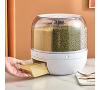 Rotating Grain Dry Food Dispenser Countertop - 6-Grids Cereal Tank for Lentils, Rice, Beans - Kitchen Pantry Storage Container, Max 22 lbs Capacity - White - PET+PP, 360° Rotatable Design, Transparent
