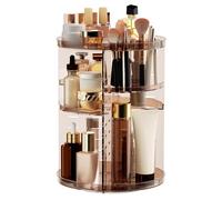 Rotating Makeup Organizer Countertop, DIY Adjustable Trays Spinning Skincare Organizers, Cosmetic Display Shelf with Perfume & Brush Holder, Multi-Function Desk Storage Carousel for Vanity Bathroom