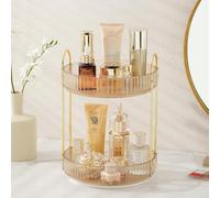 Rotating Makeup Organizer for Vanity, Large Skincare Make Up Storage Perfume Organizers for Bathroom Counter, Clear Cosmetic Lipstick Toiletry Dresser Organizer Spinning Holder (Amber Gold, 2 Tier)