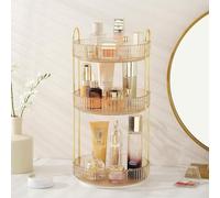 Rotating Makeup Organizer for Vanity, Large Skincare Make Up Storage Perfume Organizers for Bathroom Counter, Clear Cosmetic Lipstick Toiletry Dresser Organizer Spinning Holder (Amber Gold, 3 Tier)