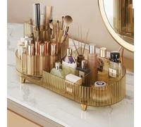 Rotating makeup organizer,Large Capacity Cosmetic Display Case, easy to hold all of your makeup products, at least 20 makeup brushes/eyeliner,10 lipsticks,8 skincare products(Crystal Amber)