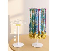 Rotating Medal Hanger, Medal Display Stand, Height Adjustable Metal Medal Holder with Sturdy Base, Sports Desktop Rack for Marathon, Football, Running, Rugby, Gymnastics, Swimming, 40+ Medals (White)