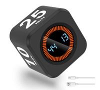 Rotating Productivity Timer, Adjustable & Silent Visual Timer, 5/10/25/50 Min Rotating Countdown, Type C Charging Dual Timing Mode LED Desk Cube for Work Study School Kitchen(black)
