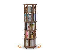 Rotating Solid Wood Bookshelf on Wheels - 5-Tier Corner Storage Cube for Small Spaces - Walnut Finish Free-Standing Bookcase - Stylish and Functional Display Shelf