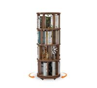 Rotating Solid Wood Bookshelf on Wheels - 5-Tier Cube Storage Compact Corner Bookshelf for Small Spaces Walnut Finish Versatile Floor Shelf nizer