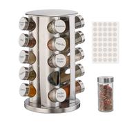 Relaxdays Spice Rack, 20 Glass Jars, 40 Labels, Rotatable, Stainless Steel, H x D: Approx. 33.5 x 19.5 cm, Silver