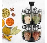 Rotating Spice Rack Organizer - Modern Silver Countertop Carousel with 12 Glass Jars for Kitchen Herbs and Seasonings