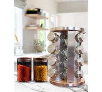 Rotating Spice Rack with 16 Glass Jars - Stainless Steel & Wood Carousel Organizer for Kitchen Counter, Pantry, Herbs & Seasonings