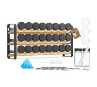 Rotating Spice Rack with Glass Jars, 3 Tier, 24 Glass Jars / Black + Square shape