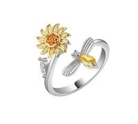 Rotating Spinner Sunflower Rings For Women Men Stainless Steel Open Adjustable Anxiety Ring Fidget Jewelry Best Gift For Her