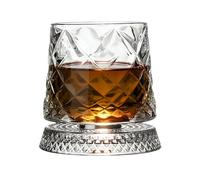 Rotating Whiskey Glass Set - Crystal 300ml | Rotatable Bourbon Drinking Cup with Wooden Base Coaster, Tasting Spirits, Old Fashioned Cocktails | Rocking Tumbler for Men Dad Husband