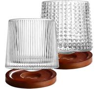 Rotating Whiskey Glasses Diamond 2 Sets with Wooden Coasters 150ml | Smooth Glass Surface, Comfortable Grip, Suitable for Red Wine, Tea, Cocktail Mixing, Weddings and Bars
