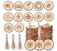 Rotatingpals 24 Pcs Christmas Wood Slice Ornaments, 2.8 Inch | Natural Wood, Bark Edge, Laser Engraved, Pre-drilled, Jute Twine, DIY Coloring, Christmas Decor, 12 Designs