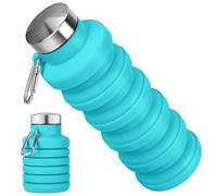 Rotayi Collapsible Water Bottle, 16oz Portable Reusable Silicone Water Bottle, BPA-Free Leak-Proof Foldable Design with Carabiner, Lightweight Durable for Gym, Travel, Camping, Hiking, Sports, Blue