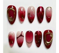 Rote Press-On Nails - Almond Shaped False Nails with 3D Gold Design, Y2K Gold Stars, Pearls, French Nails, Golden Ombre Stick-On Nails for Women, 24PCS Set