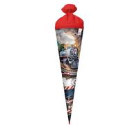 ROTH School Cone 70 cm Large with Steam Train Motif - Round Sugar Bag for School Enrolment with Felt Closure, Sturdy Red Lace and Shiny Foil Finish
