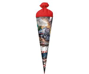 ROTH School Cone 70 cm Large with Steam Train Motif - Round Sugar Bag for School Enrolment with Felt Closure, Sturdy Red Lace and Shiny Foil Finish