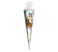 ROTH School Cone, 85 cm, Bella Horse Motif with Glitter Border and Red Lace, Hexagonal and Tulle Closure