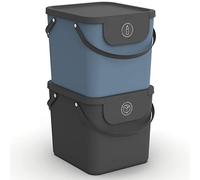 Rotho Albula Kitchen Bin Set 40 L Stackable Recycling Bins Anthracite Blue | Recycling bins for kitchen, two lidded bins open while stacked, carry handles, sorting stickers included for clear sorting