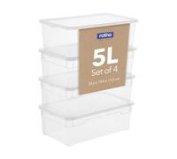 Rotho Clear Storage Boxes with Lids Set of 4 x 5 L Stackable Transparent | Storage Box Set of 4, Clear Sides Show Contents, Lids Included, Nests When Empty, Stackable for Shelves, for Home Use