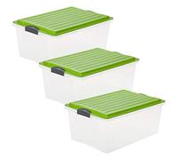 Rotho Compact Set of 3 Storage Boxes 38 Litre with Lid, Plastic (PP) BPA-free, Transparent/green, 3 x A3/38 Litre (57.0 x 40.0 x 25.0 cm)