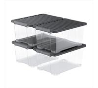 Rotho CORE Plus, storage boxes 44 l, set of 4, sturdy plastic boxes with lid & lockable handles, food-safe, modular stackable, 59×39.5×28 cm (L×W×H), transparent, black