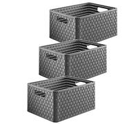 Rotho Country Set of 3 Storage Boxes Rattan Look Plastic (PP) BPA Free Anthracite A4 / 18 L, Charcoal, 3 x A4/18l (36,8 x 27,8 x 19,1 cm)