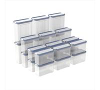 Rotho Domino Set of 24 Storage Jars, Shaker and Pouring Container with Tight Closing Lid, Dishwasher Safe, Transparent/Blue