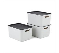 Rotho Jive Decorative Box Set of 3 Storage Boxes 16 L with Lid, Plastic (PP Recycled), White/Anthracite, 3 x 16 L (37.5 x 27.8 x 29.8 cm)
